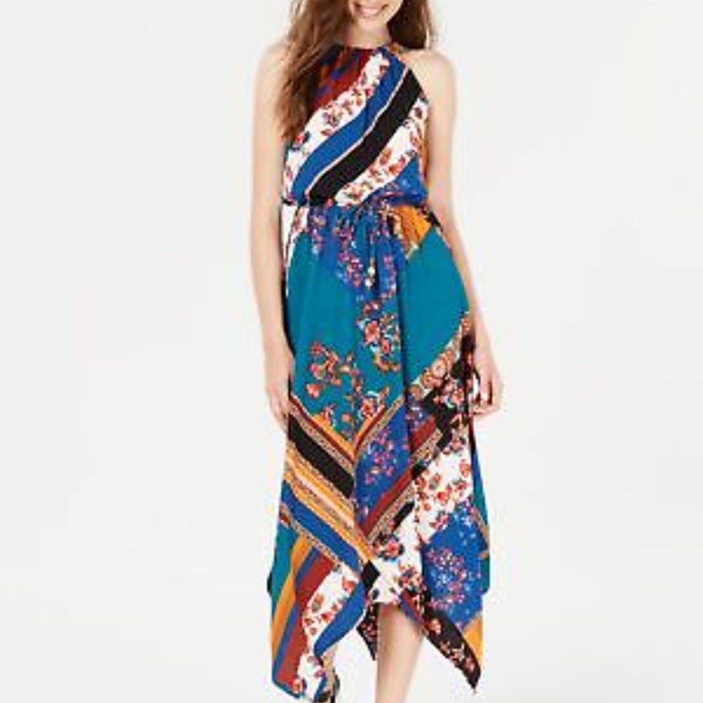 NWT Halter Style Handkerchief Waterfall Summer Multi Colour Dress